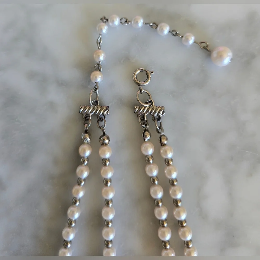 Faux‎ Pearls Silver Tone Beads Double Strand 8.5 In Necklace